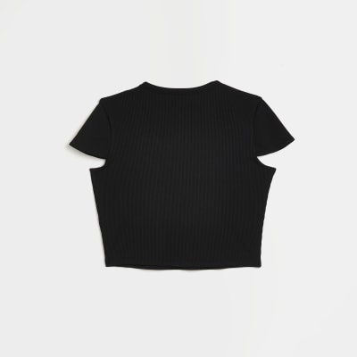 Girls black cut out ribbed crop top