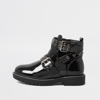 Girls black cutout patent clumpy boots | River Island