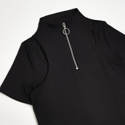 Girls Black Cutout ribbed Dress