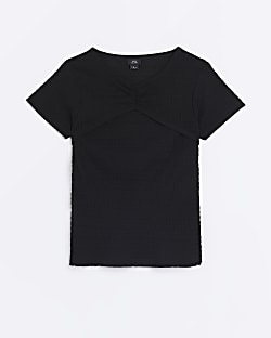 Girls Black Cutout Textured T-shirt