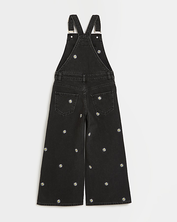 Girls black daisy embroidered denim dungarees