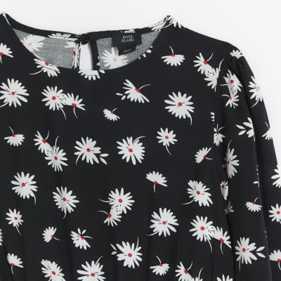 Girls black daisy floral print dress River Island