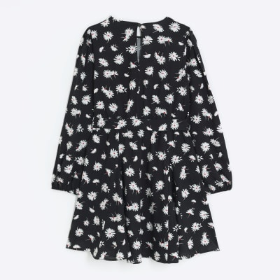 Girls black daisy floral print dress River Island