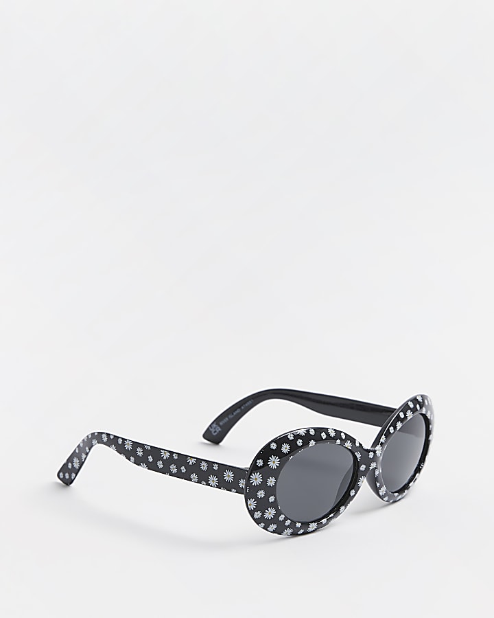 Girls black daisy print round sunglasses