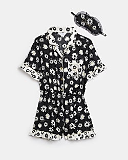Girls Black Daisy Print Satin Pyjama Set