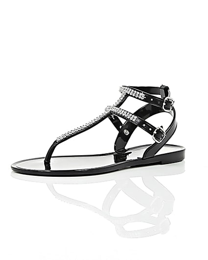 360 degree animation of product Girls black diamanté jelly sandals frame-0