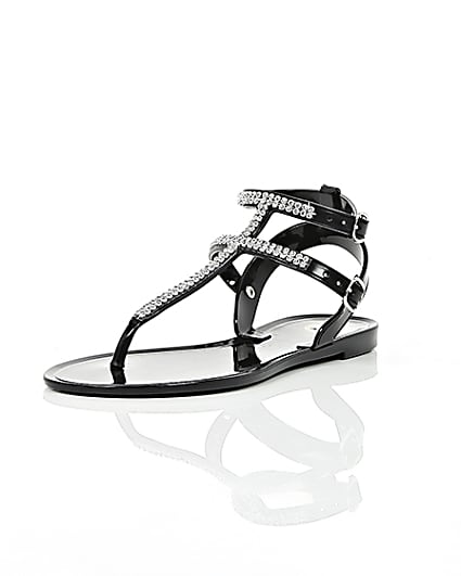 360 degree animation of product Girls black diamanté jelly sandals frame-1