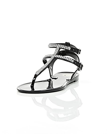 360 degree animation of product Girls black diamanté jelly sandals frame-2