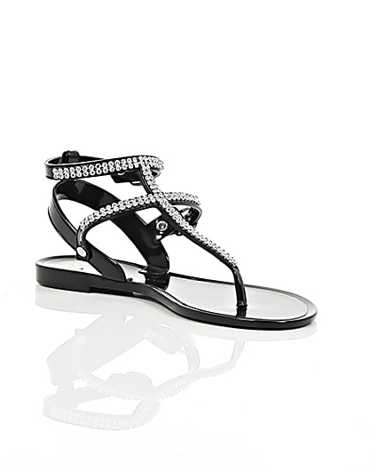 360 degree animation of product Girls black diamanté jelly sandals frame-7