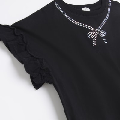 Girls Black Diamante Bow Frill Sleeve T-shirt