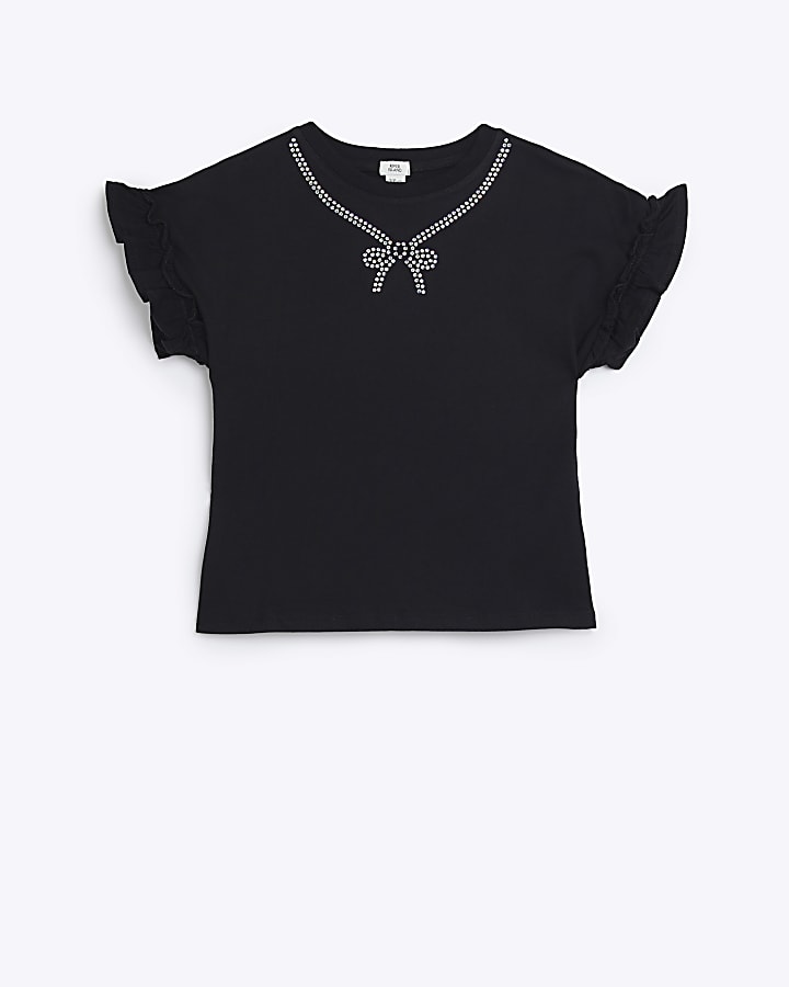 Girls Black Diamante Bow Frill Sleeve T-shirt
