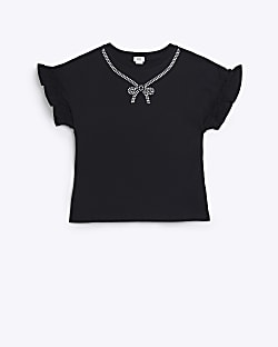 Girls Black Diamante Bow Frill Sleeve T-shirt