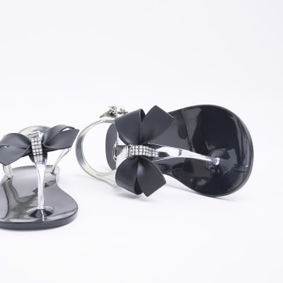 Girls Black Diamante Bow Jelly Sandals River Island