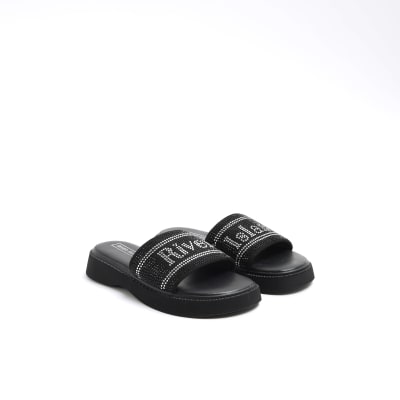 Girls Silver Diamante Buckle Sliders (Younger 10-Older 5) - Matalan