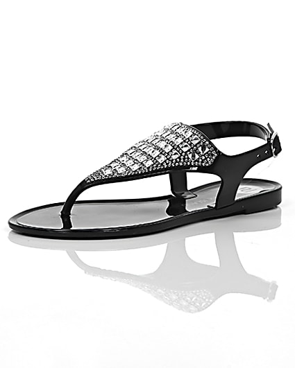 360 degree animation of product Girls black diamante jelly sandals frame-0