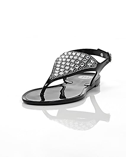 360 degree animation of product Girls black diamante jelly sandals frame-2