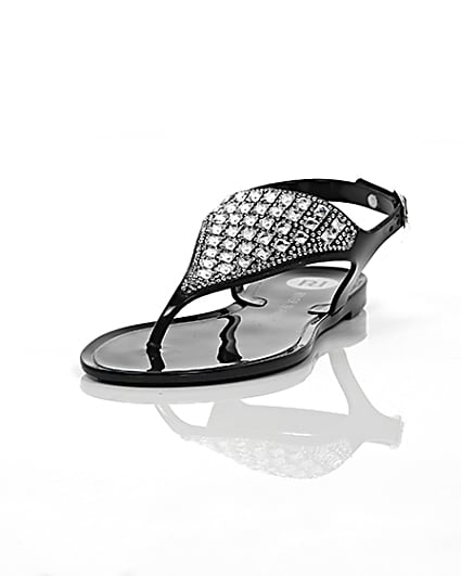 360 degree animation of product Girls black diamante jelly sandals frame-3
