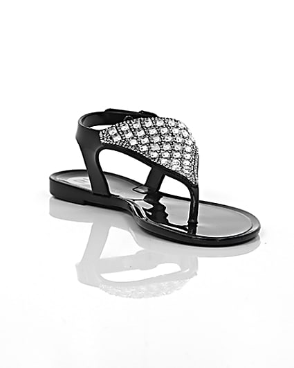 360 degree animation of product Girls black diamante jelly sandals frame-6