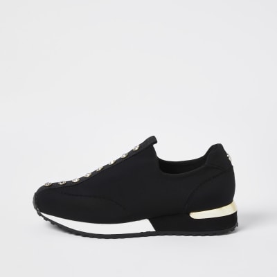 Girls black diamante pull on trainers | River Island