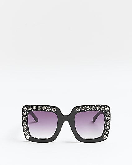 Girls black diamante square sunglasses