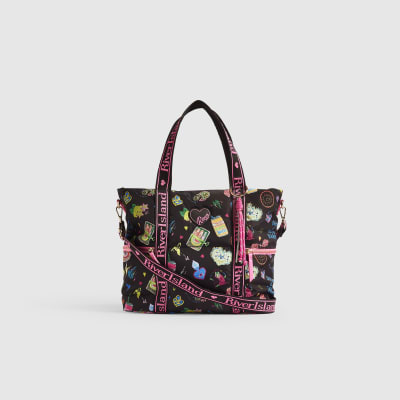 Girls Black Doodle Print Shopper Bag