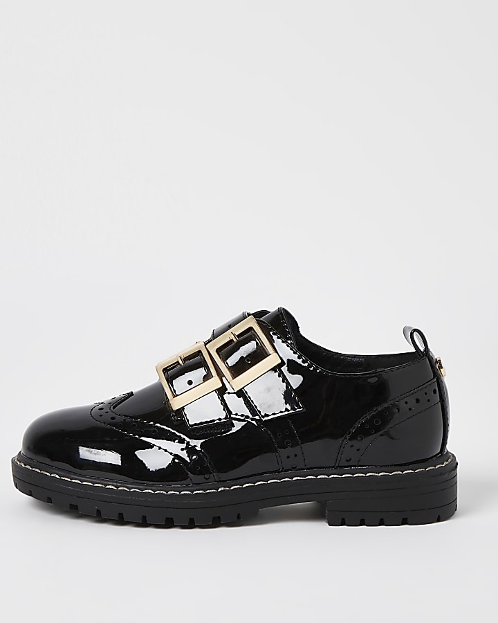 Girls black double buckle patent shoes