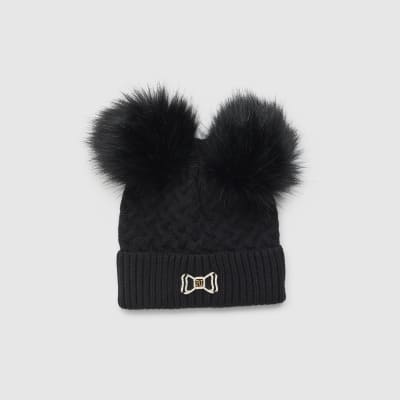 Girls Black Double Pom Beanie River Island