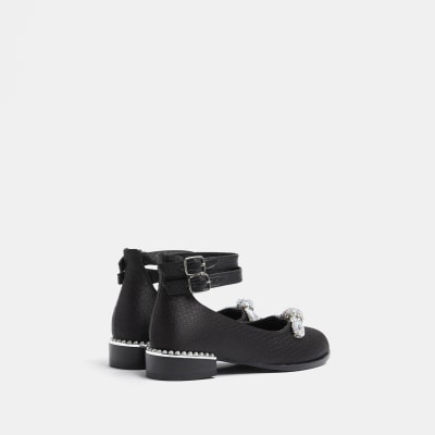 Girls black embellished bow ballerina shoes