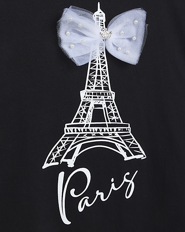 Girls Black Embellished Bow Paris T-shirt