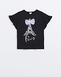 Girls Black Embellished Bow Paris T-shirt