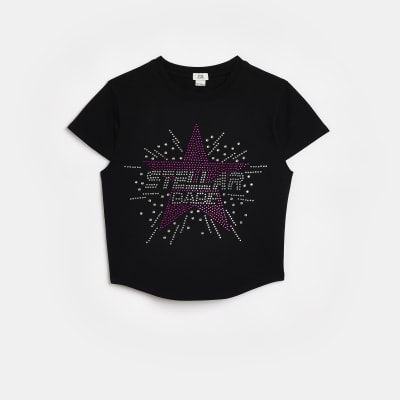 Girls Black embellished cropped tshirt River Island