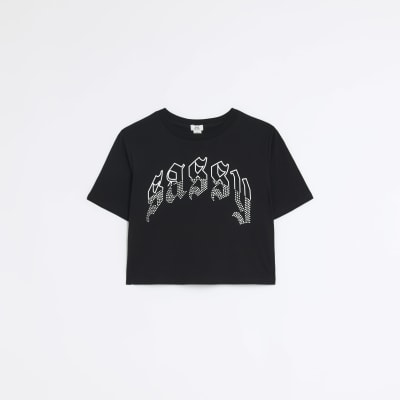 Girls black embellished graphic crop t-shirt