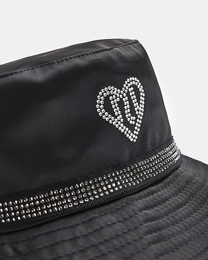 Girls Black Embellished Heart Bucket Hat