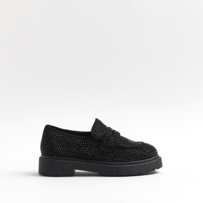 Girls Black Embellished Loafers | River Island