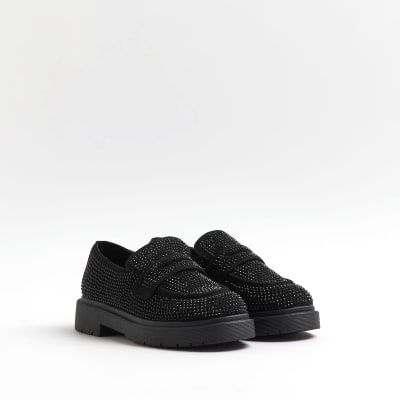 Girls Black Embellished Loafers | River Island