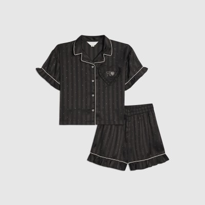Girls Black Embellished Satin Pyjamas
