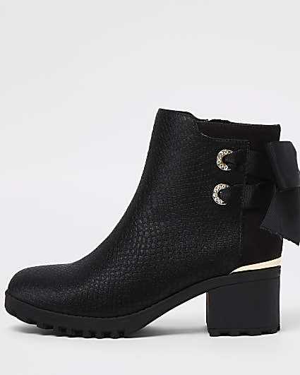 Girls black embossed bow back ankle boots
