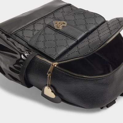 Girls black embossed monogram backpack River Island