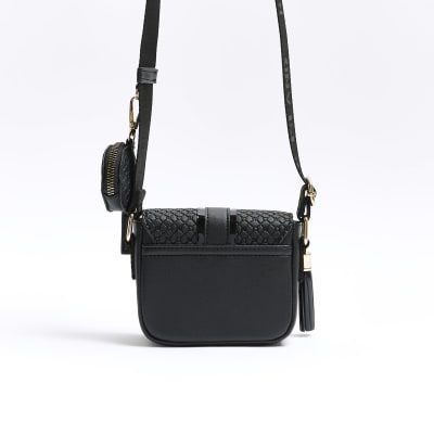 Girls black embossed monogram cross body bag | River Island