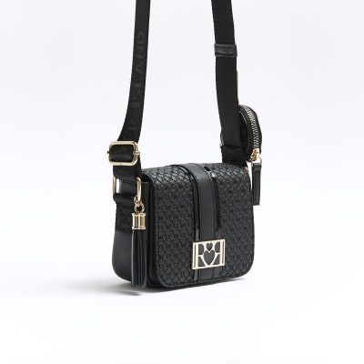 River Island embossed monogram crossbody bag in black