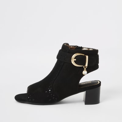 open toe black heel boots