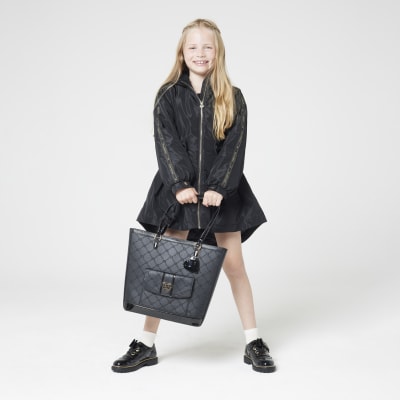 Girls black embossed pocket shopper bag River Island