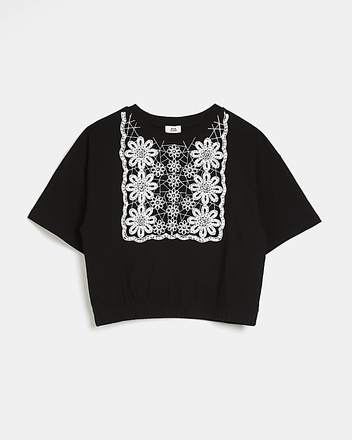 Girls black embroidered cinched t-shirt