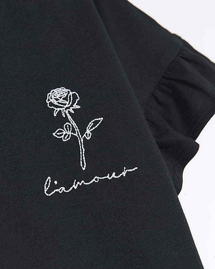 Girls black embroidered frill t-shirt