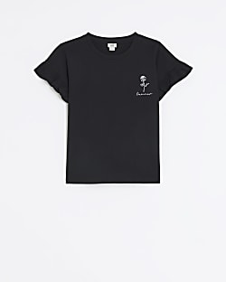 Girls black embroidered frill t-shirt