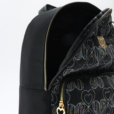 Girls black embroidered heart backpack River Island