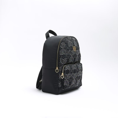 Girls black embroidered heart backpack River Island