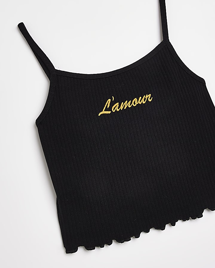 Girls black embroidered rib cami top