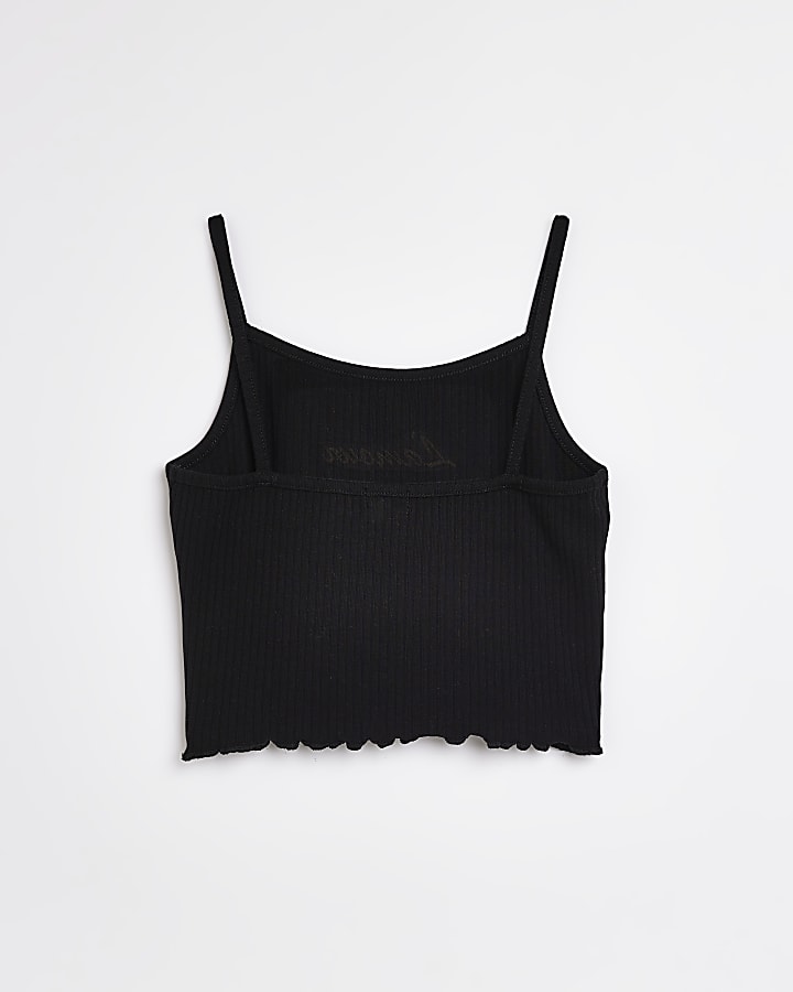 Girls black embroidered rib cami top