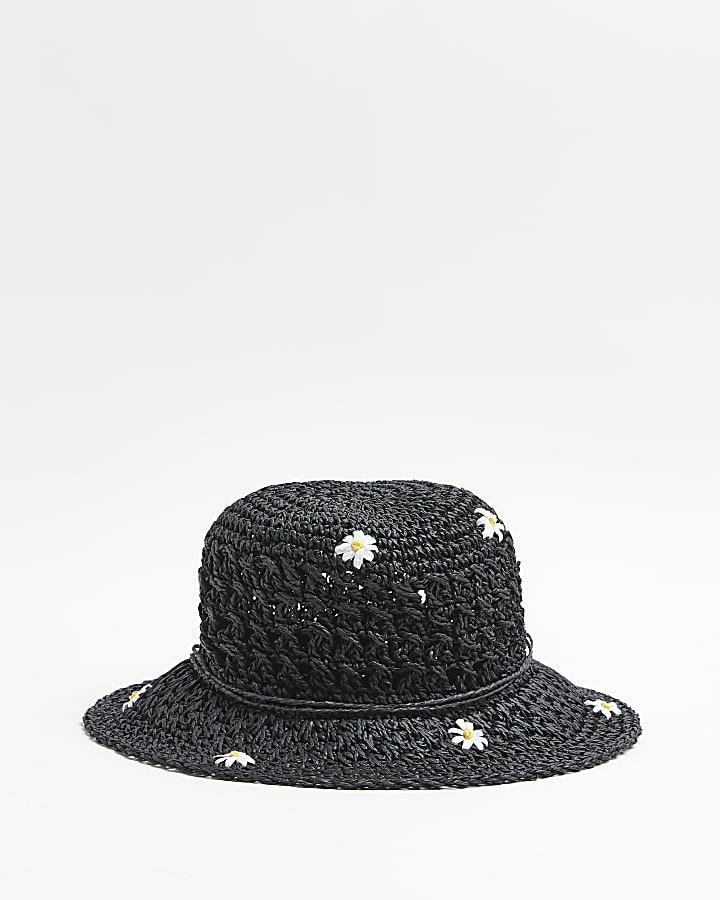 Girls black embroidered straw bucket Hat